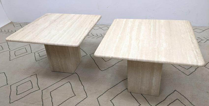 Pair Travertine Side End Tables with Rounded Edge. Ita