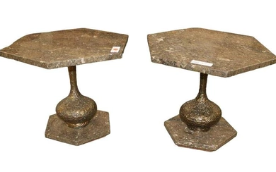 Pair mid century modern bronze/marble Italian lamp tables