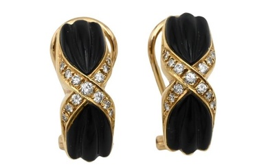 Pair of 14K Yellow Gold Ear Clips having Onyx and Diamond X