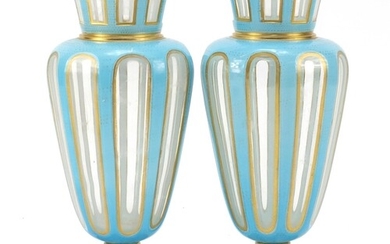 Pair of 19th century French blue opaline vases with gilt bor...