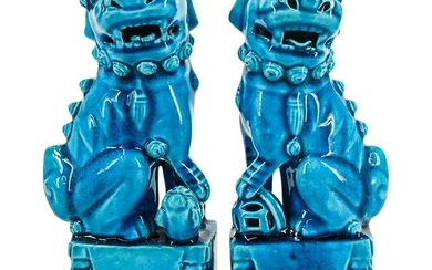 Pair of Antique Chinese Turquoise Glazed Porcelain Foo Dogs