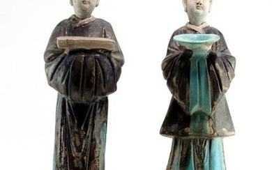 Pair of Chinese Floral-Glazed Pottery Figures