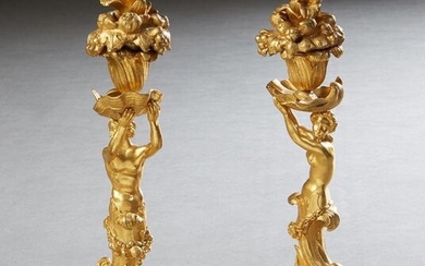 Pair of Continental Gilt Bronze Figural Candlesticks