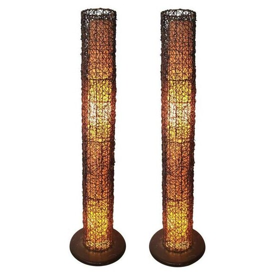Pair of Cylindrical Rattan and Fiberglass Floor Lamps