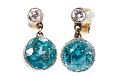 Pair of Edwardian blue zircon and diamond pendant earrings