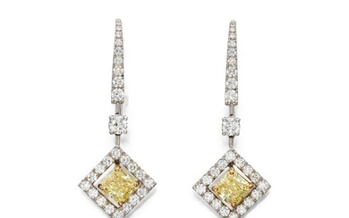 Pair of Fancy Yellow Diamond and Diamond Pendant-Earrings , Graff