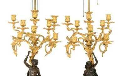 Pair of French Louis XV-Style Gilt & Patinated Bronze Candelabra Lamps