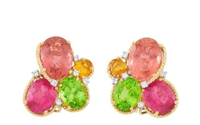 Pair of Gold, Gem-Set and Diamond Earclips