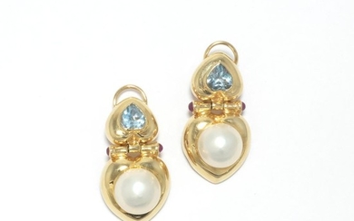 Pair of Gold, Mabé Pearl, Blue Topaz and Cabochon Ruby Heart Pendant-Earclips