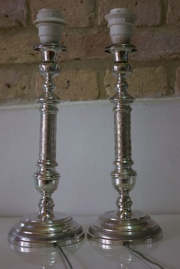 Pair of Italian candlesticks turned into lamps (2) - .800 silver - Brandimarte - Italy - mid 20th century