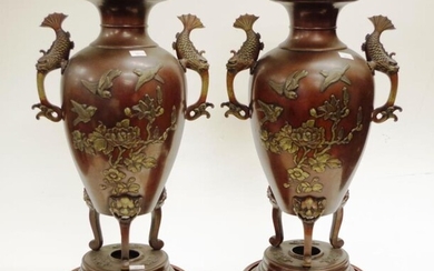 Pair of Japanese Meiji bronze twin handle vases with...