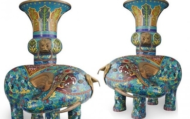Pair of Large Chinese Cloisonne Elephant Vases