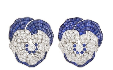 Pair of Platinum, Invisibly-Set Sapphire and Diamond Pansy Brooches