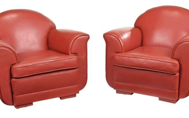 Pair of Red Leather Upholstered Tub Chairs