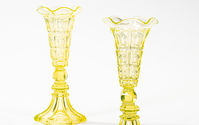Pair of Vaseline Glass Waffle and Thumbprint Vases