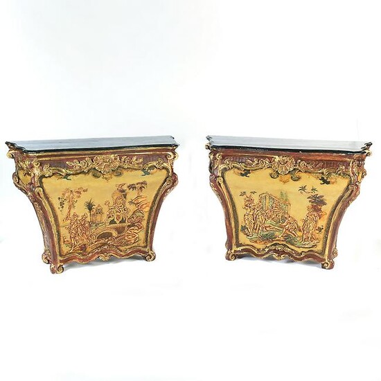 Pair of Venetian Style Chinoiserie Painted Consoles.