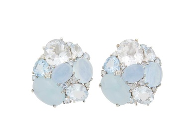 Pair of White Gold, Aquamarine, Topaz and Diamond Cluster Earclips