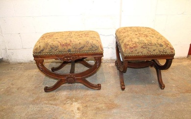 Pair of X frame French style walnut finish tacked ottomans approx. 24" w x 18" d x 20" h