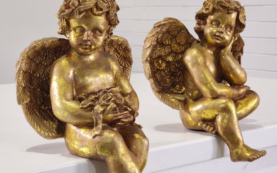 Pair of gilt composite ledge decor cherubs (h:27cm)