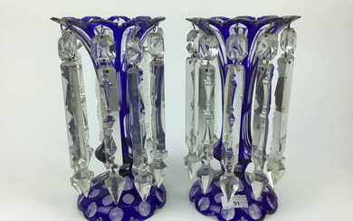 Pair of late 19th Century Bohemian blue overlaid glass lustres with prismatic drops