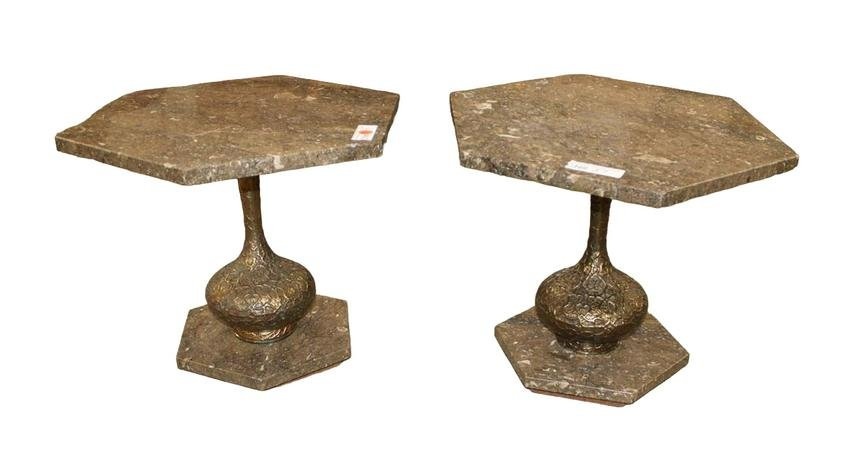 Pair of mid century modern bronze and marble Italian lamp tables