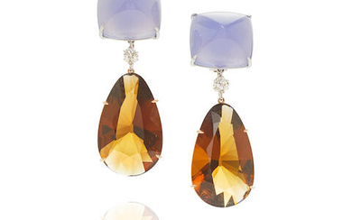 Paolo Costagli: Pair of Gold, Chalcedony and Citrine Pendant Earclips