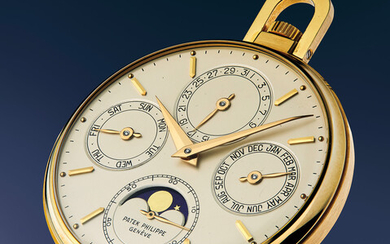 Patek Philippe, Ref. 725/3 A possibly unique, very rare, and highly attractive yellow gold open face perpetual calendar pocket watch with moon phase, original Certificate of Origin, and presentation box