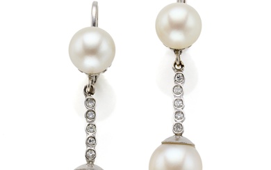 Pearl and diamond white gold pendant earrings, diamonds in all ct. 0.10 circa, mm 8.60 and mm 9.80 circa pearls,…