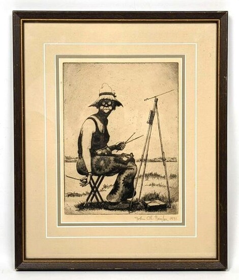 Pencil Signed Print. Artist Painting at Easel. Signed