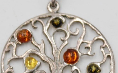 Pendentif rond arbre de vie, petites pierres d'ambre dans une monture en argent 925 D-...