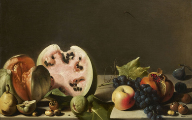 Pensionante del SARACENI Actif vers 1610-1620 Melon, pastèque et fruits sur un entablement