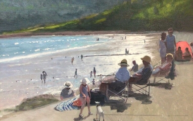 Peter Z. Phillips, A sunny day at the beach, oil on canvas, signed and dated '21, in gilt frame. 35 x 46cm.