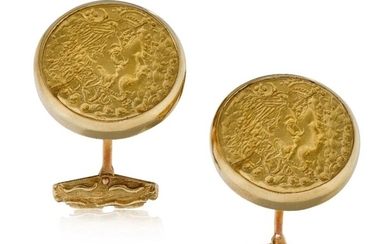 Piaget, A pair of gold cufflinks, Salvador Dali, for Piaget, the cufflinks with textured circular medallions depicting the heads of the artist and his wife Gala in profile surrounded by fleur-de-lys and laurel leaves, to hinged bar fittings...
