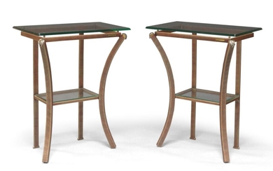 Pierre Vandel; a pair of French contemporary designed glass topped side tables, 74cm high, 56cm wide, 35cm deep (2)
