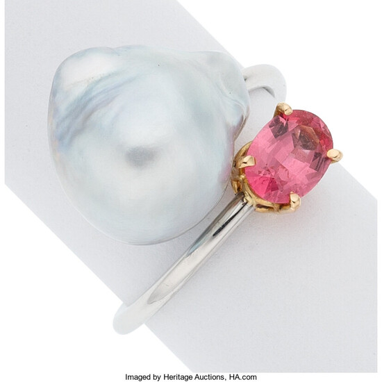 Pink Sapphire, Freshwater Cultured Pearl, White gold Ring The...
