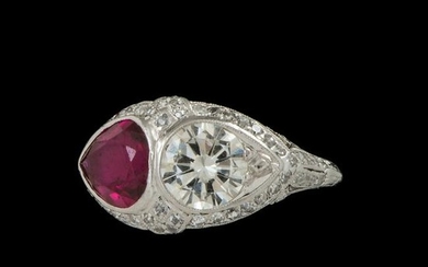 Platinum Diamond and Synthetic Ruby Ring