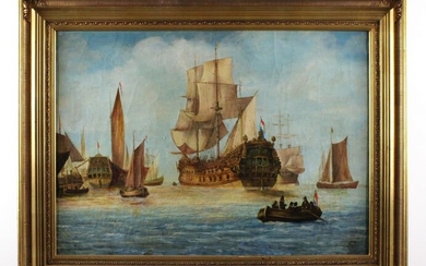 Portrait of French Ships and Galleon in Harbor