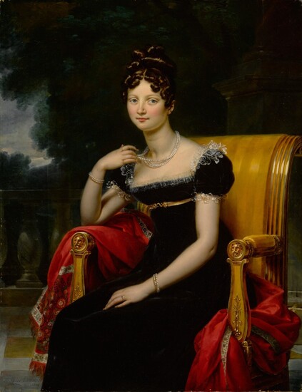 Portrait of a woman, three-quarter length, in an elegant black velvet dress with lace trim, seated in an Empire chair on a red embroidered shawl on a terrace, Jean-Baptiste-Paulin Guérin