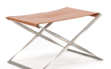 Poul Kjærholm: “PK 91”. Folding stool with steel frame. Seat with light brown leather. Manufactured and marked by Fritz Hansen.