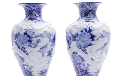 Pr. Japanese Blue and White Porcelain Vases