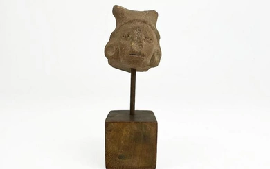 Pre Columbian Pottery Head On Wood Stand