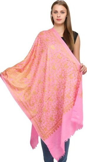 Pure Wool Stole from Amritsar with Ari Embroidery All Over Light Rose