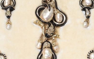 RARE VICTORIAN NATURAL SALTWATER PEARL, DIAMOND AND ENAMEL S...