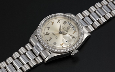 ROLEX "SCHEHERAZADE" REF. 1804, A PLATINUM OYSTER PERPETUAL DAY-DATE WITH DIAMOND-SET BEZEL AND ARABIC CALENDAR AND NUMERALS
