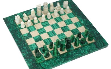 RUSSIAN HAND CARVED MALACHITE AND MARBLE CHESS SET