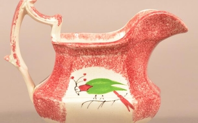 Red Spatter China Parrot Pattern Paneled Cream Pitcher.