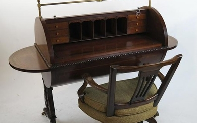 Regency-Style Tambour Cylinder Desk and Chair