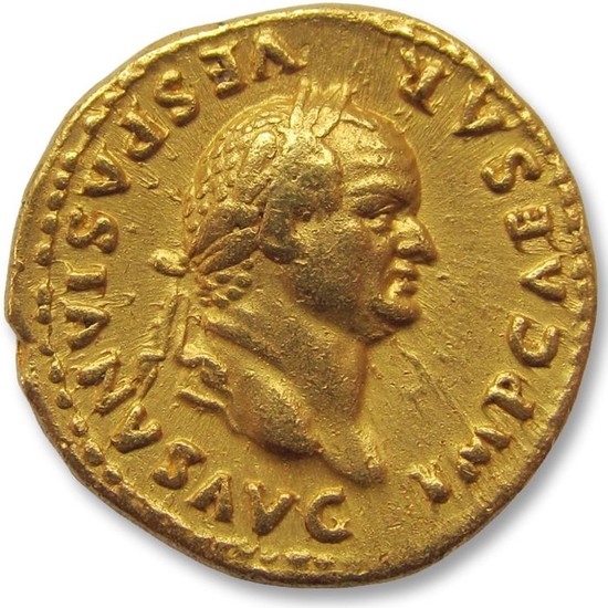 Roman Empire - AV gold aureus Vespasian / Vespasianus - Rome mint 74 A.D. - FORTVNA AVGVST, Fortuna standing left on garlanded base - Gold