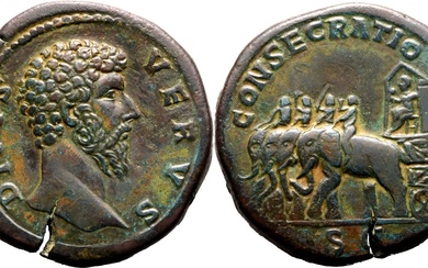 Roman Empire Divus Lucius Verus AD 169 Æ Sestertius Very Fine; smoothed and tooled, striking multi-coloured patina