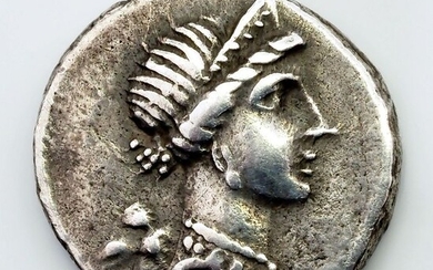 Roman Republic (Imperatorial). Julius Caesar. AR Denarius,military mint traveling with Caesar in Spain, late 46-early 45 BC